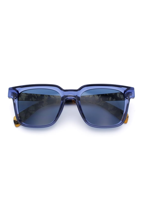 Retro Concave Curved Hipster Horn Rim Plastic Sunglasses Blue Brown Marble - Navy