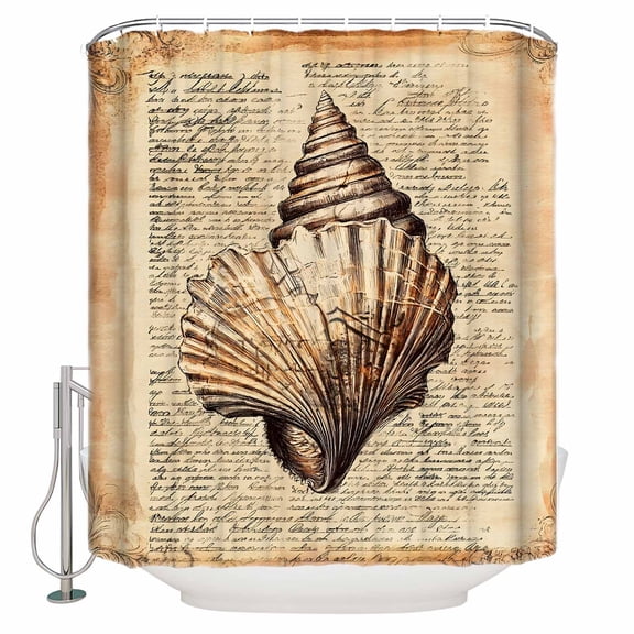 Retro Conch Shower Curtain, 66" x 72", Vintage Text Watercolor Texture Waterproof Bathroom Curtain Washable Shower Curtain Set with 12 Hooks