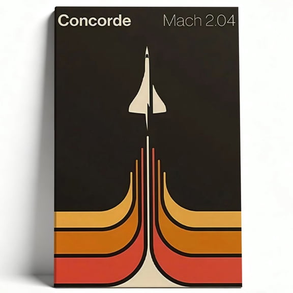 Retro Concorde Supersonic Jet Aviation Canvas Wall Art, Mid-Century Modern Mach 2.04 Matte Finish Gallery Wrapped, Minimalist Living Room Office Decor 8*12