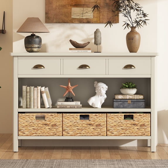 Retro Console Table with 3 Storage Drawers, Entryway Table with 3 Water Hyacinth Woven Baskets,Wooden Accent Sofa Table Buffet Cabinet for Entryway, Hallway and Living Room (White)