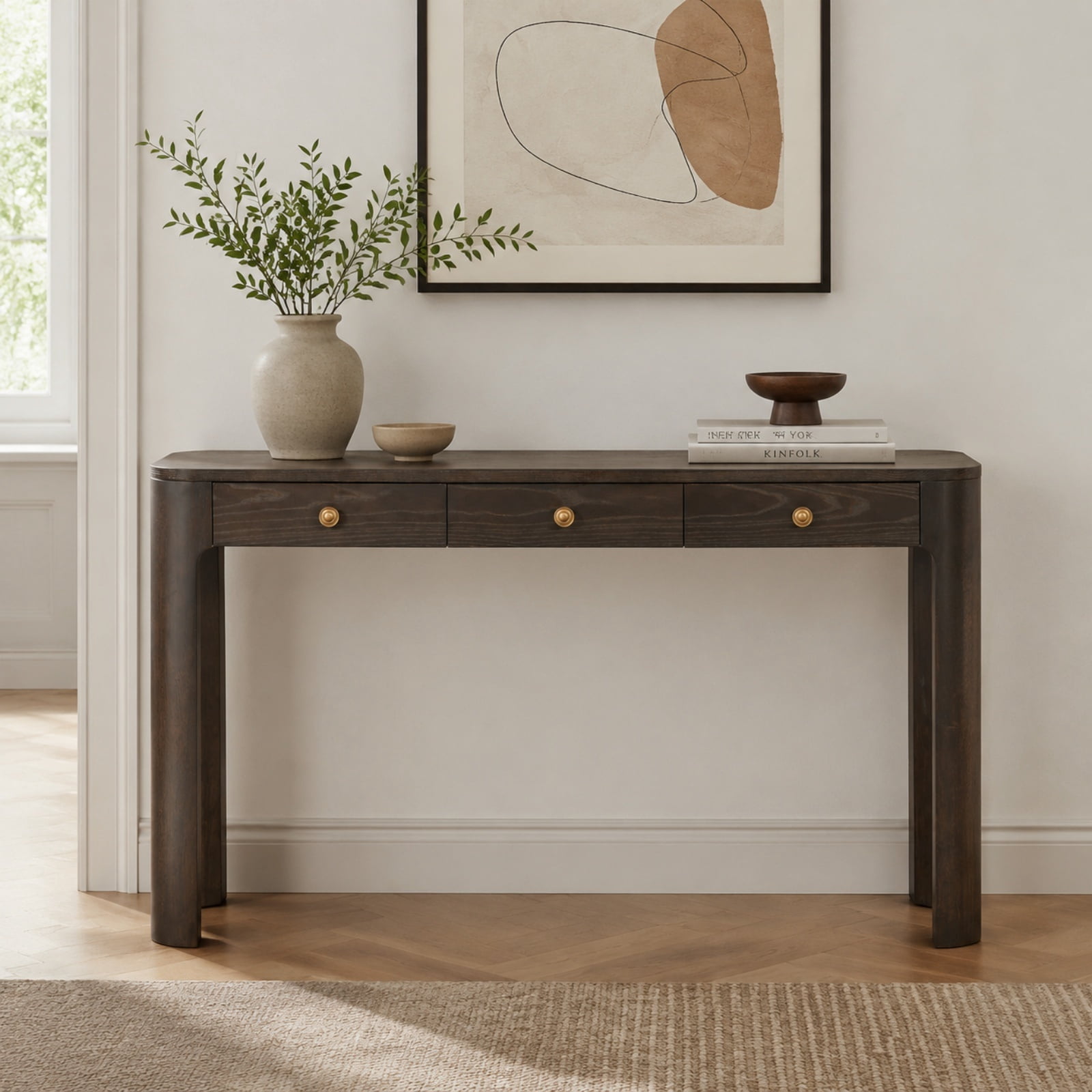 Retro Console Table with Curved Corners, Sofa Table Behind Couchwith 3 Concealed Drawers, Modern Entryway Table with Thick Legs for Hallway & Living Room