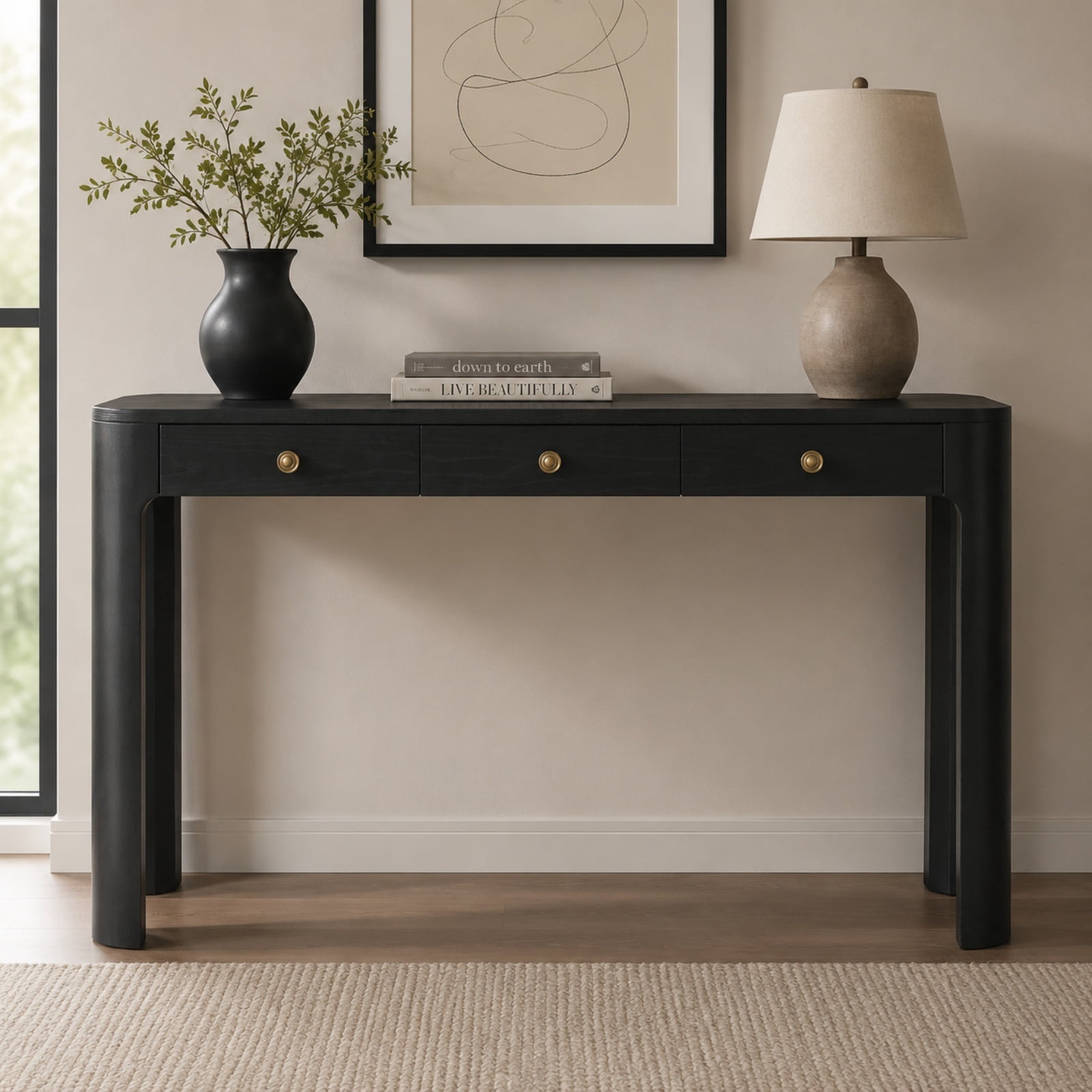 Retro Console Table with Curved Corners, Sofa Table Behind Couchwith 3 Concealed Drawers, Modern Entryway Table with Thick Legs for Hallway & Living Room
