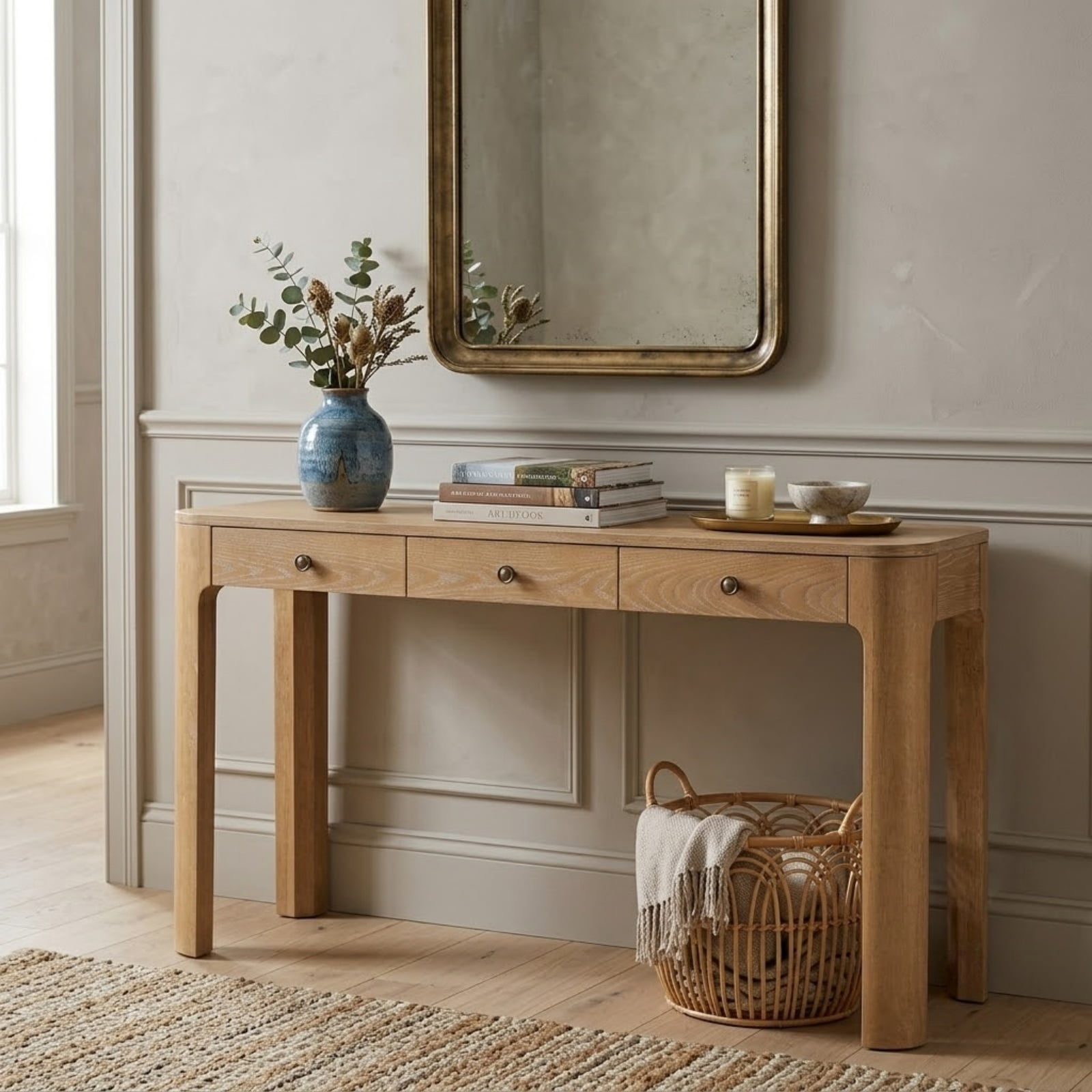 Retro Console Table with Curved Corners, Sofa Table Behind Couchwith 3 Concealed Drawers, Modern Entryway Table with Thick Legs for Hallway & Living Room