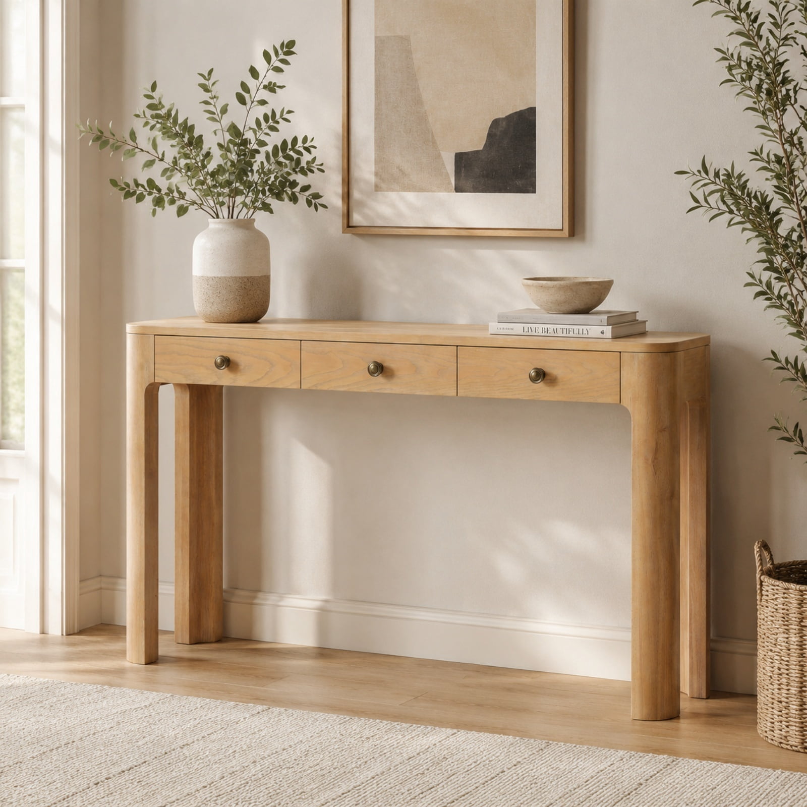 Retro Console Table with Curved Corners, Sofa Table Behind Couchwith 3 Concealed Drawers, Modern Entryway Table with Thick Legs for Hallway & Living Room