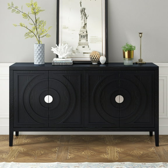 Retro Console Table, Modern Buffet Sideboard with 4-Doors and Adjustable Shelves, Entryway Sofa Table with Circular Groove Design and Metal Handle for Living Room Bedroom Hallway, Black