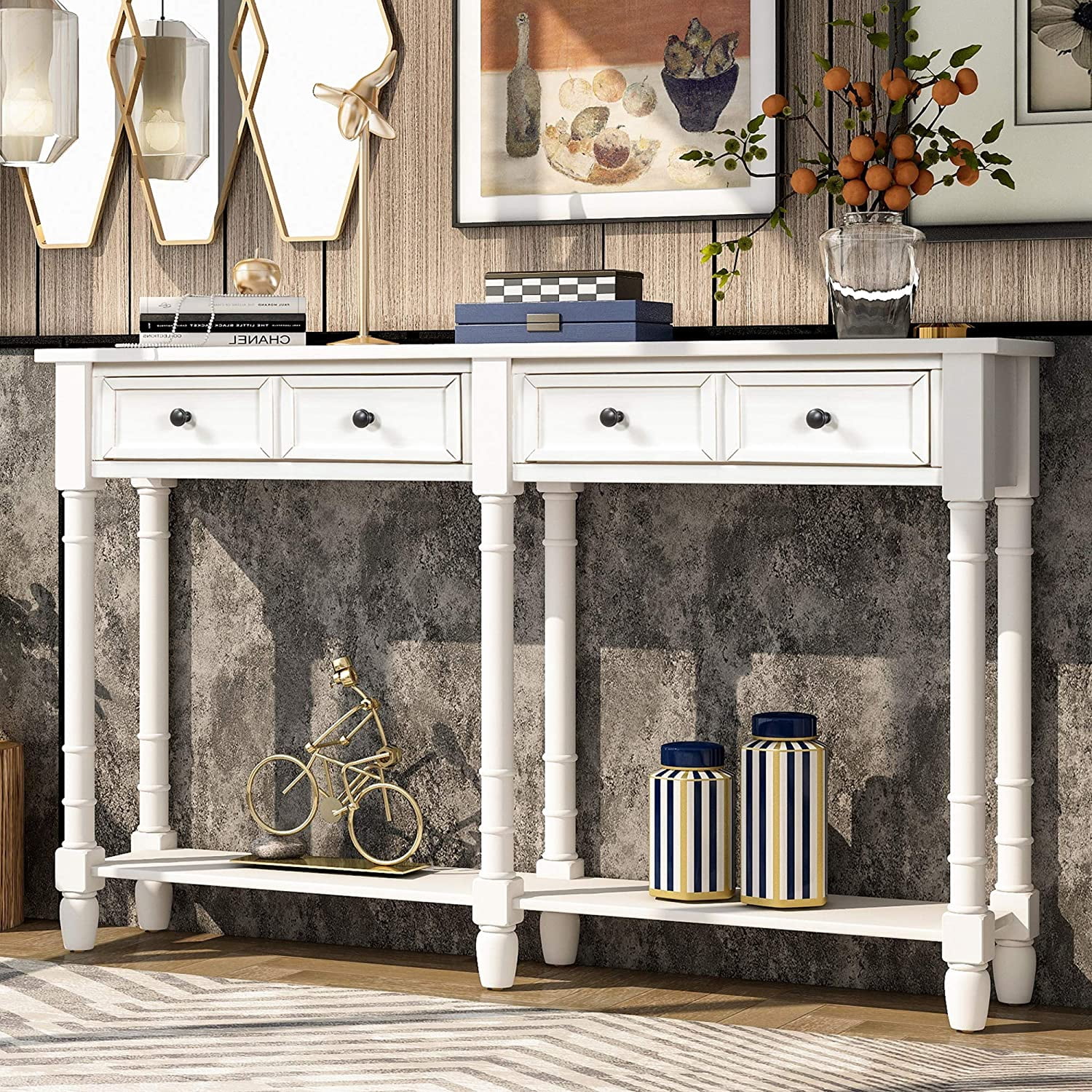 Elegant Retro Console Table With 2 Drawers & Open Shelf - 40"W Antique White Sofa Table For Entryway, Living Room