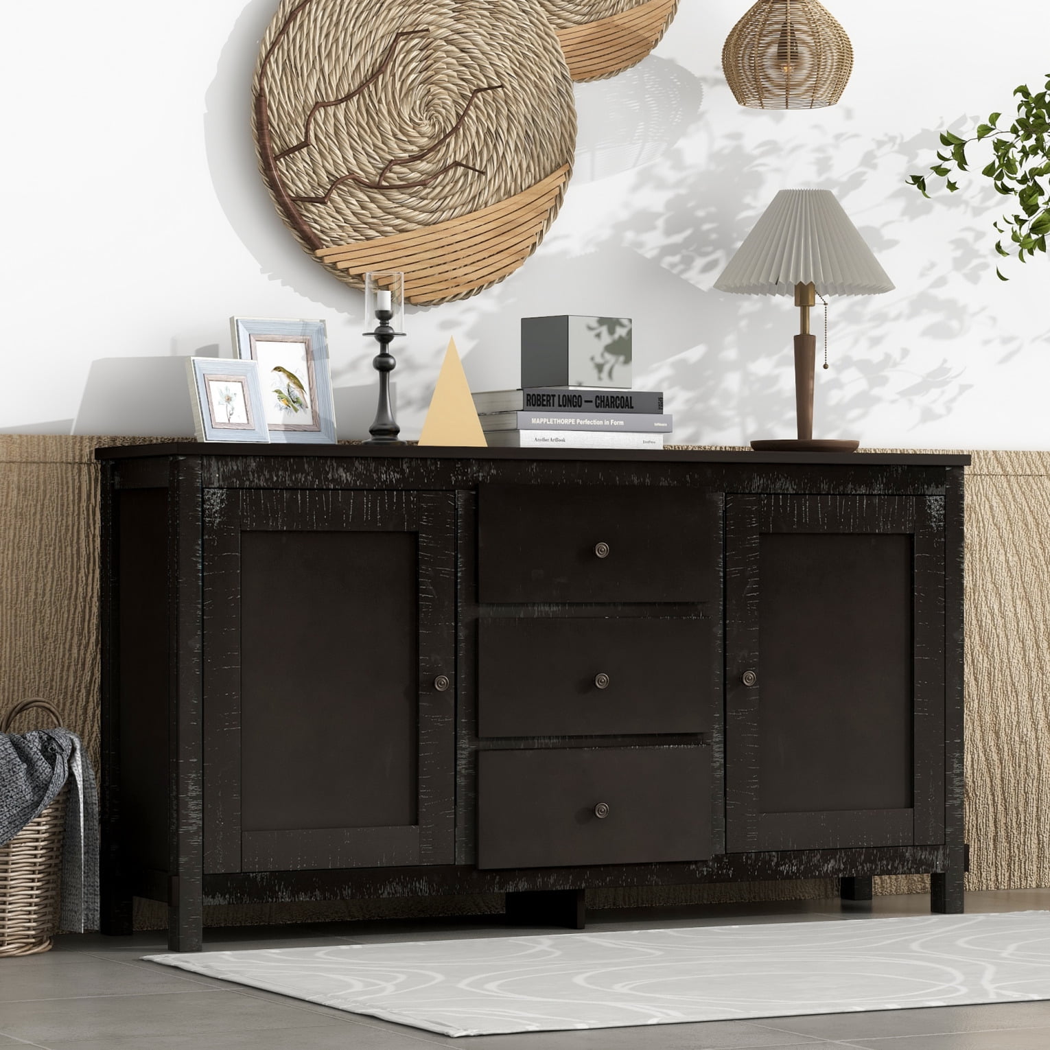 Retro Console Table with Open Shelves - Espresso & Beige