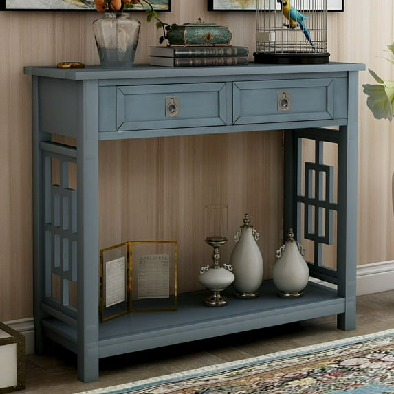 Retro Console Table with 2 Drawers and Bottom Shelf, Entryway Accent Sofa Table, Antique Navy, 36"L x 14"W x 30"H