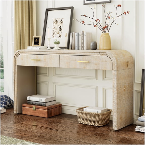 Retro Console Table with Drawers, Open Shelf Design, Distressed Finish for Entryway, Living Room, Dining Room
