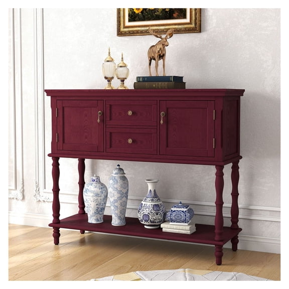 Retro Console Table with Storage, Red Entryway Table, Sofa Table with Drawers & Cabinets, Living Room Behind Couch, Foyer Table