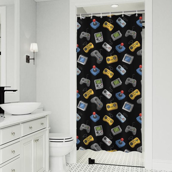 Retro Consoles Games Icons Black Pattern Shower Curtain 36"x72" ,Bathroom Decorative Shower Curtains Set with 12 Hooks,Modern Waterproof Washable Shower Curtain
