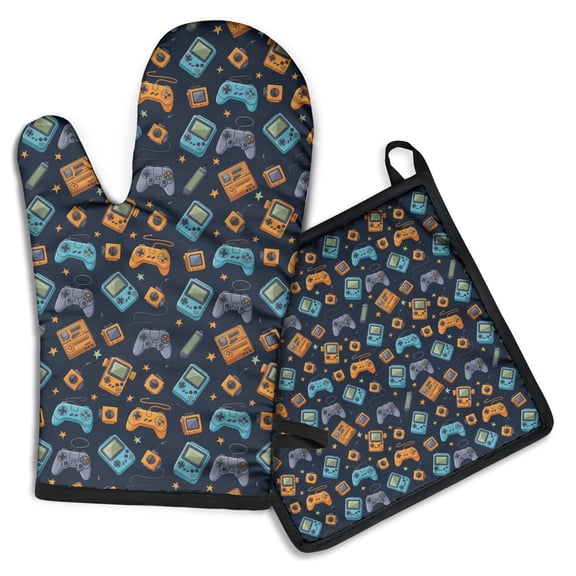 Retro Consoles Games Icons Blue Pattern Kitchen Oven Mitt and Pot Holder Sets 2 Pcs for Baking, Cooking and Grilling, Heat Resistant Up To 392 °F
