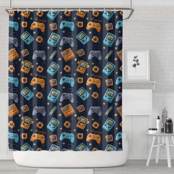 Retro Consoles Games Icons Blue Pattern Shower Curtain 84"x72" ,Bathroom Decorative Shower Curtains Set with 12 Hooks,Modern Waterproof Washable Shower Curtain