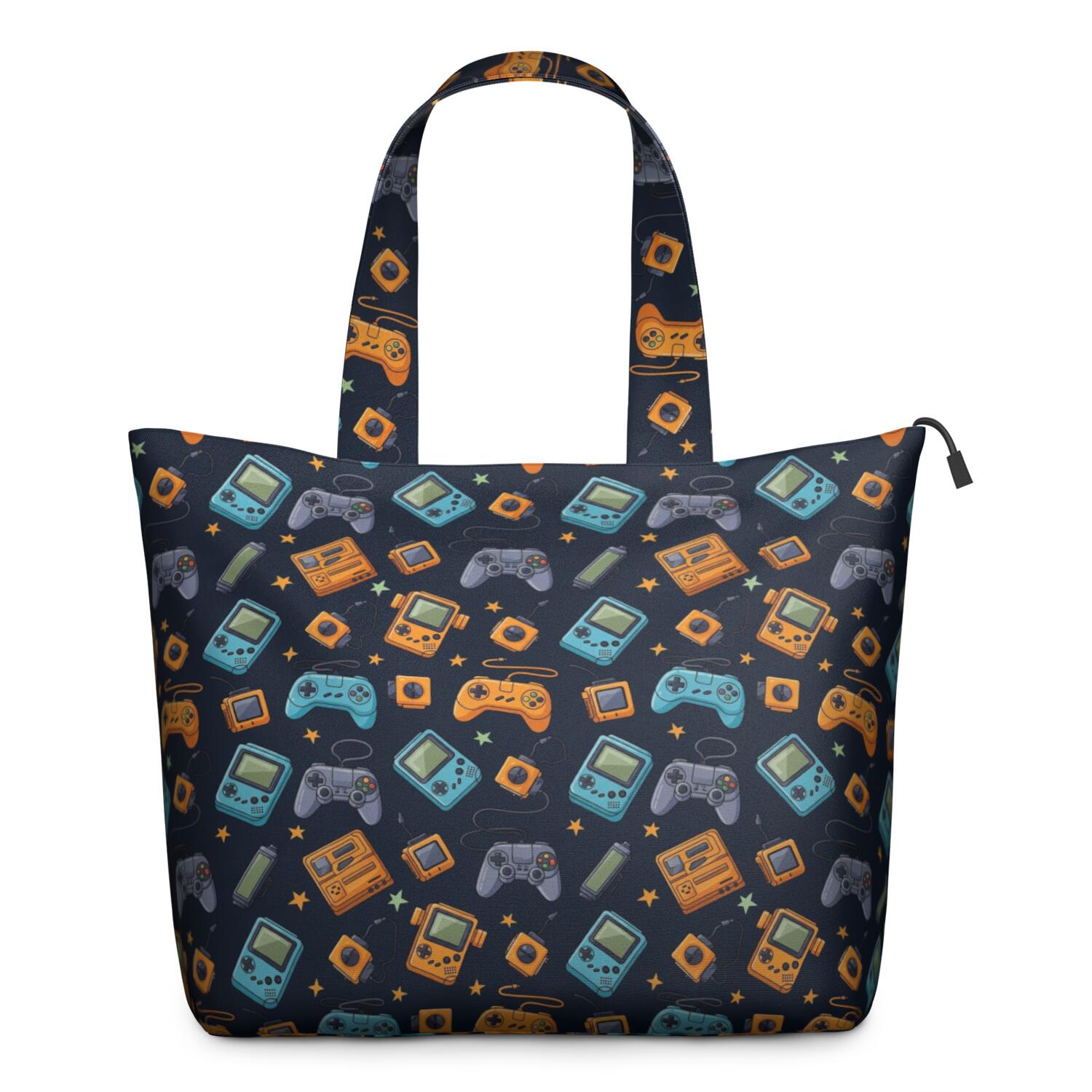 Retro Consoles Games Icons Blue Pattern Travel Tote Bags for Women Carry On,Large Weekender Bags for Women Travel,Multi Functional Duffle Bag for Work,Shopping,Sports