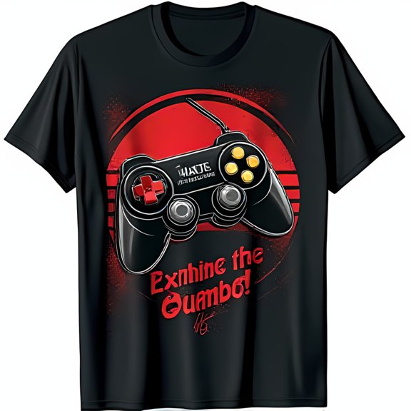 Retro Controller Graphic Black T-Shirt with Sunset & Exhine the Gumbo Design