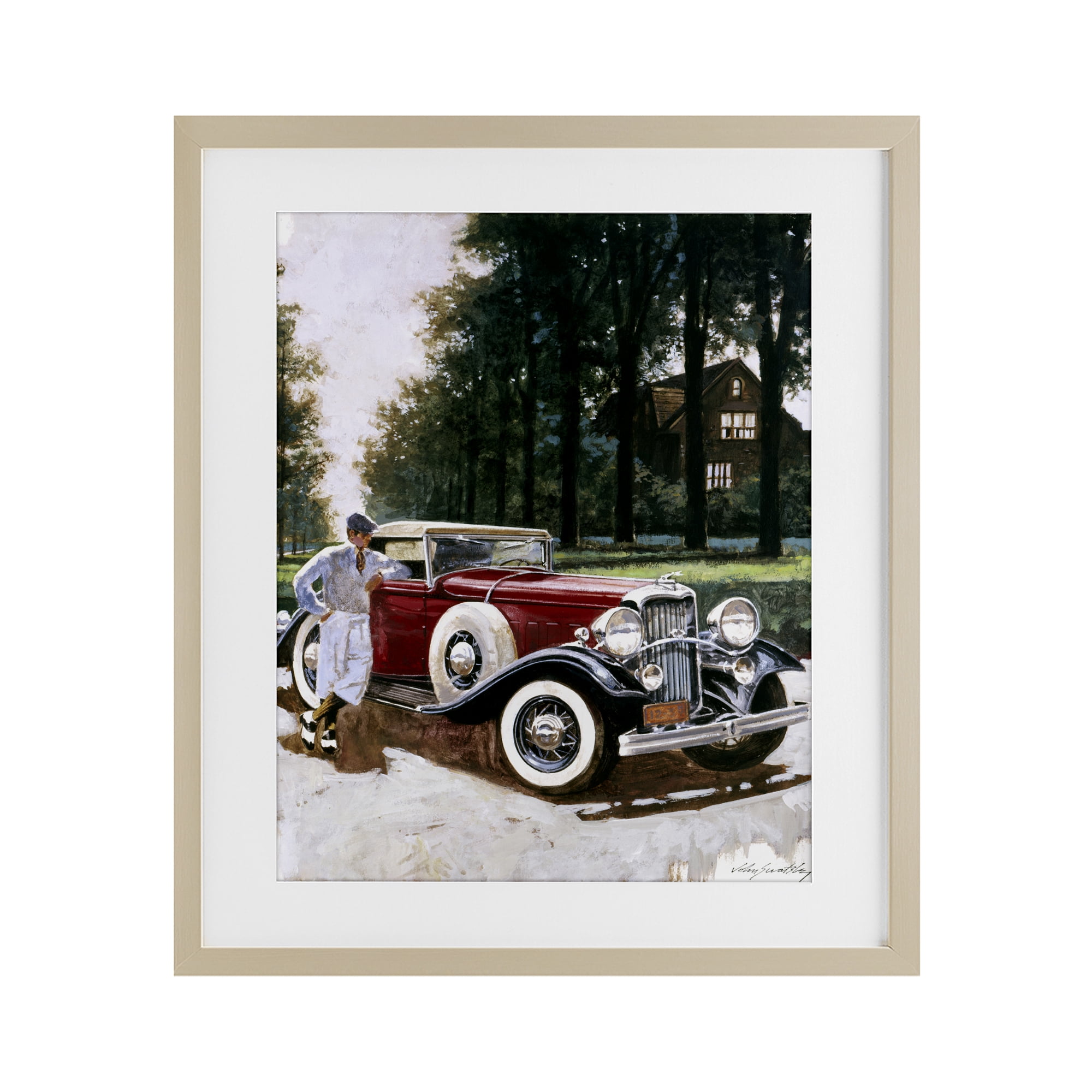 Retro Convertible Coupe & Driver Birch Framed Print Under Glass, design by Wind River Studios