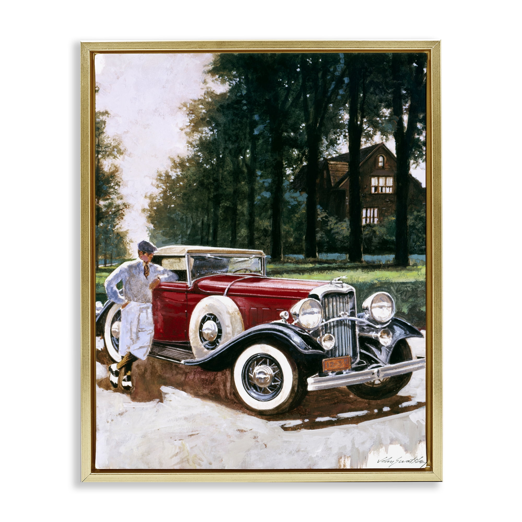 Retro Convertible Coupe & Driver Gold Framed Floater Canvas Wall Art, design by Wind River Studios