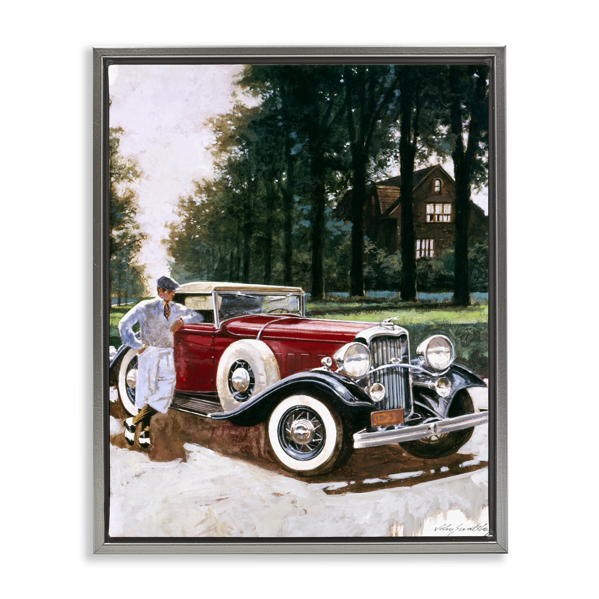 Retro Convertible Coupe & Driver Gray Framed Floater Canvas Wall Art, design by Wind River Studios