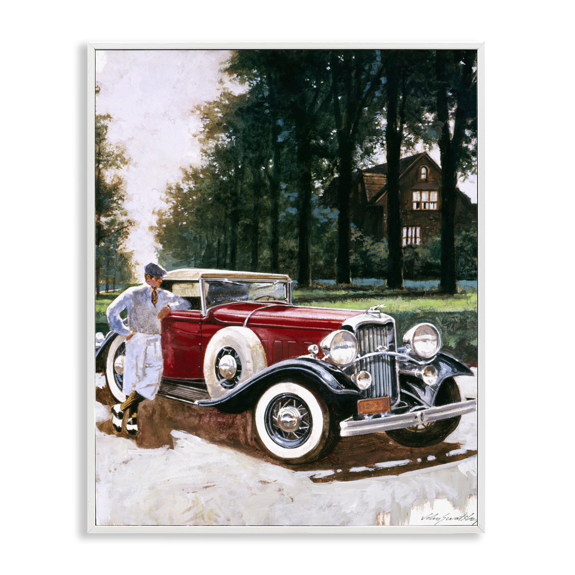 Retro Convertible Coupe & Driver White Framed Giclee Art, design by Wind River Studios