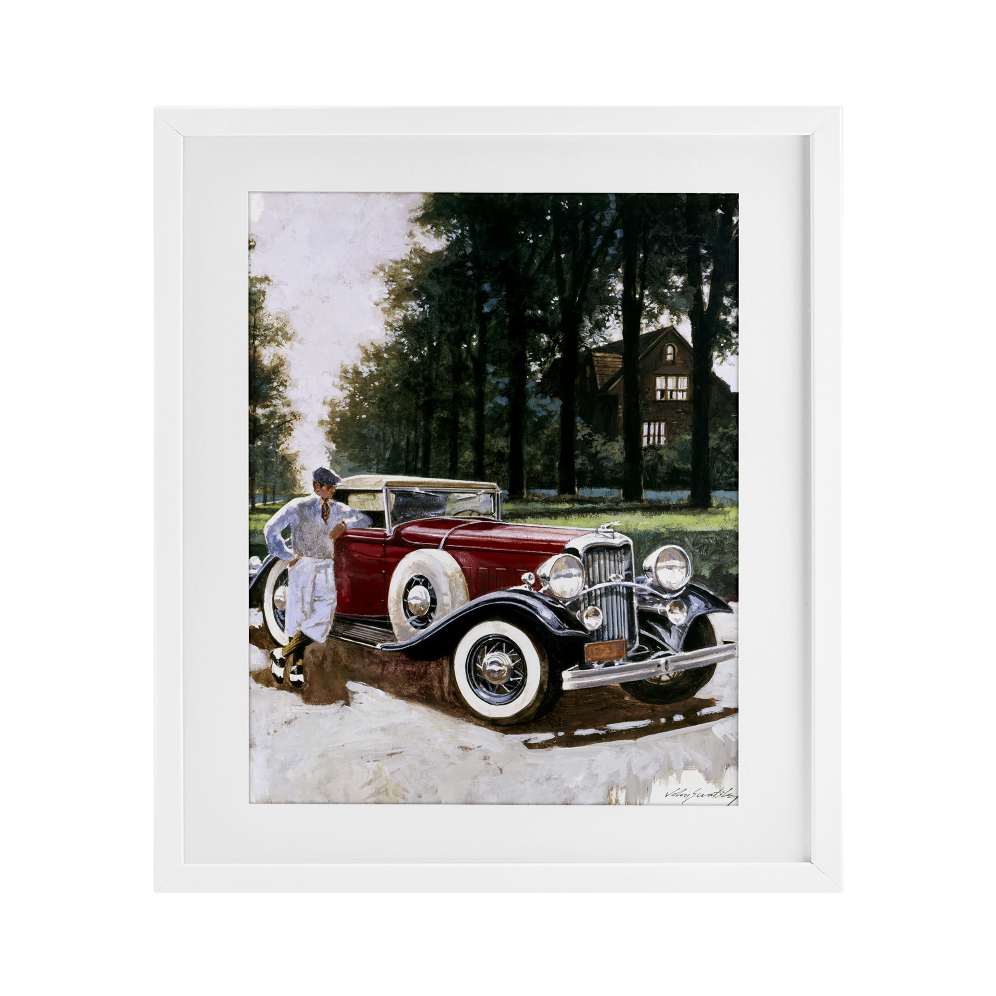 Retro Convertible Coupe & Driver White Framed Print Under Glass, design by Wind River Studios