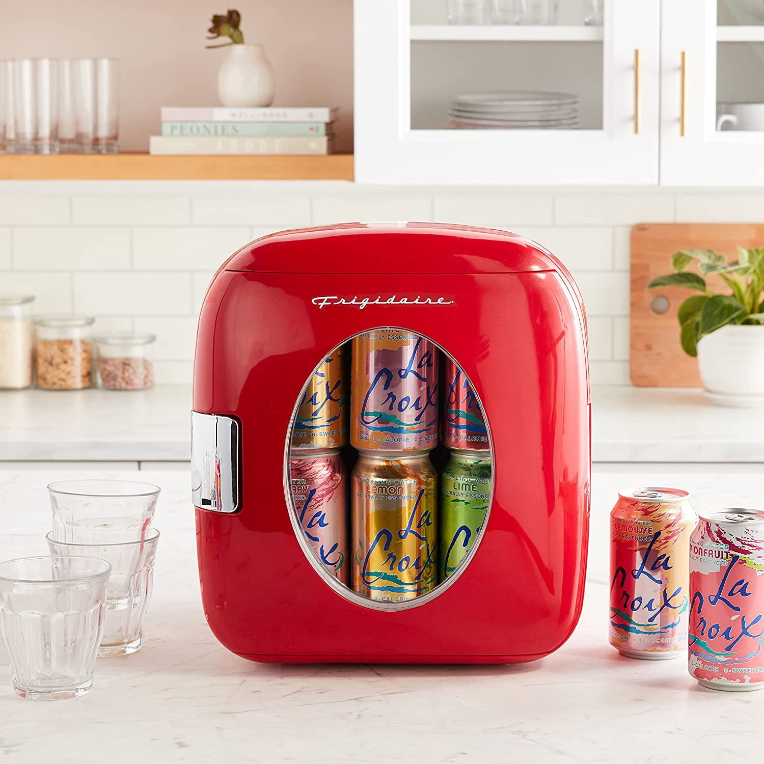 Retro   Cooler, Holds 9L or 12 Cans, Portable for Car Office Bedroom Dorm Room or Cabin Features Plugs for Home Outlet and 12V Car Charger - 10 Inch D x 7 Inch W x 10.5 Inch H Red