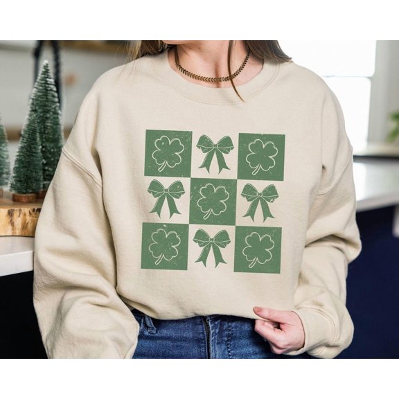 Retro Coquette Bow St. Patrick's Day Sweatshirt, Lucky Shamrock Sweatshirt, St Patricks Day Gift, Womens Shamrock Sweater, Four Leaf Clover SWEATSHIRT All Size S-5XL