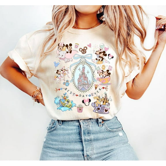 Retro Coquette Bows Mickey and Minnie Shirt, Disney World Shirt, Disney Girls Trip shirts, WDW Magic Kingdom, Disneyland Matching Girls Tee ,Sand Color,Size L