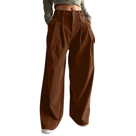 Retro Corduroy Wide Leg Pants High Waist Pleated Long Pants with Pockets Drapey Autumn Comfortable Casual Women's Fashion Loose Fit Trousers