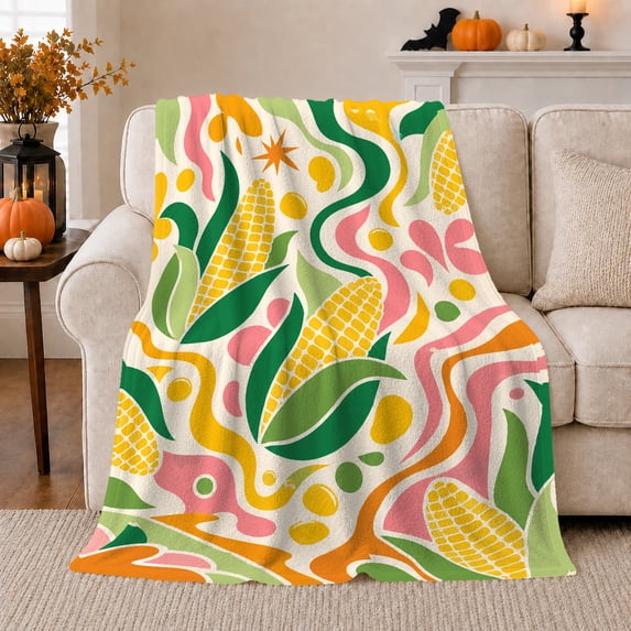 Retro Corn Shapes with Wavy Pink Lines, Bold Modern Style for Food Lovers, Colorful Harvest Graphic and Housewarming Gift, Soft Flannel Blanket for Kitchen Nook and Game Room, Home Decor
