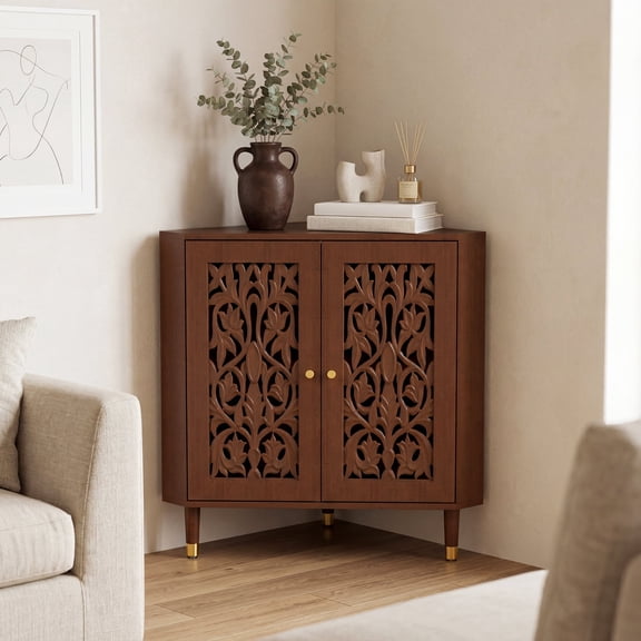 Retro Corner Cabinet With 2 Hollow Carved Doors And 2-Tier Shelves