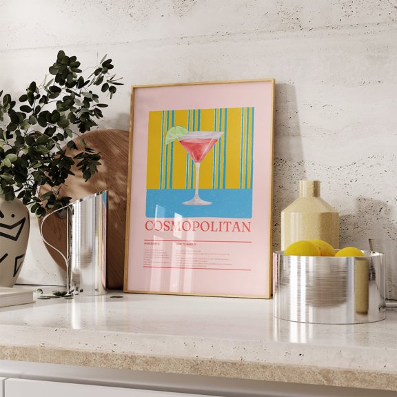 Retro Cosmopolitan Cocktail Art Print, Bar Wall Decor, Unframed Paper Poster 8x10in