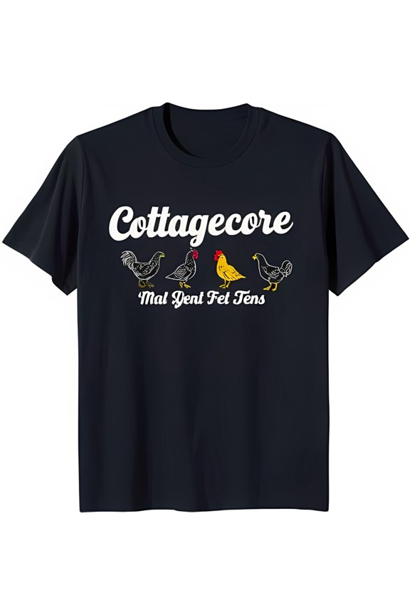 Retro Cottagecore Black T-Shirt with Chickens Design Unique Graphic Tee
