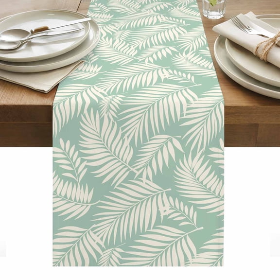 Retro Cotton Linen Table Runner Beige Tropical Plant Leaves Silhouettes Green Background Dining Table Runners for Home Decor Party Dining Room Restaurant Kitchen Party 13" x 36"