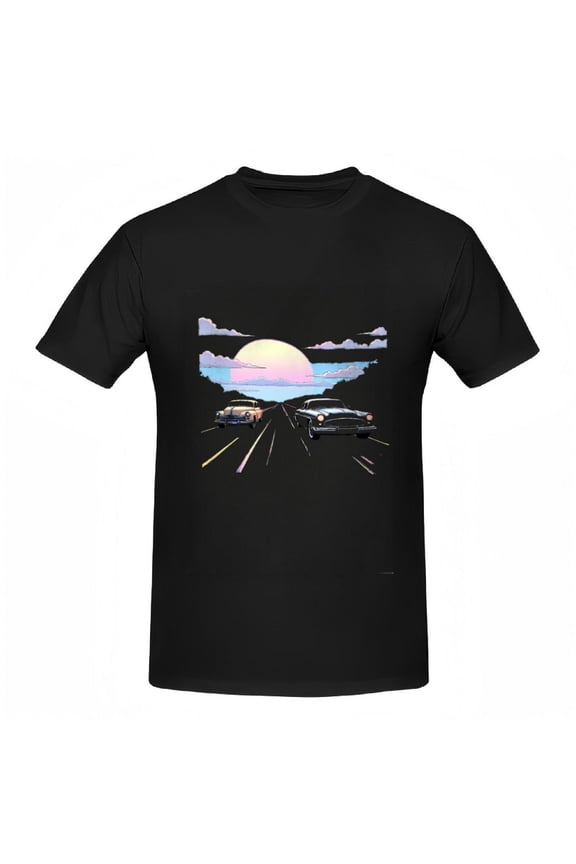 Retro Cotton Short Sleeve T-Shirts for Women - Vintage Car & Sunset Pastel Cloud Design Nostalgic Tee Tops for Summer Style