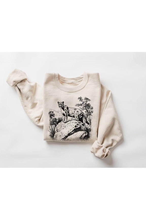 Retro Cougar in the Wild Wilderness Sweatshirt, Animal Sweater, Nature Lover, Hiking Pullover534 Sweatshirt All Size S-5XL