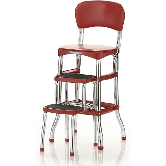 Retro Counter Stool with Pull Out Step Stool, Red Vinyl Upholstery, Chrome Finish, 2 Steps, 225 lb Weight Capacity, Cushioned Seat, Counter Height for Kitchen or Home Use$$Furniture