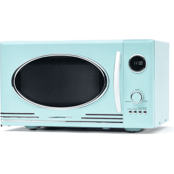 Retro Countertop Microwave Oven 800 Watt 0.9 Cu Ft 12 Pre Programmed Settings Digital Clock Aqua Bestseling