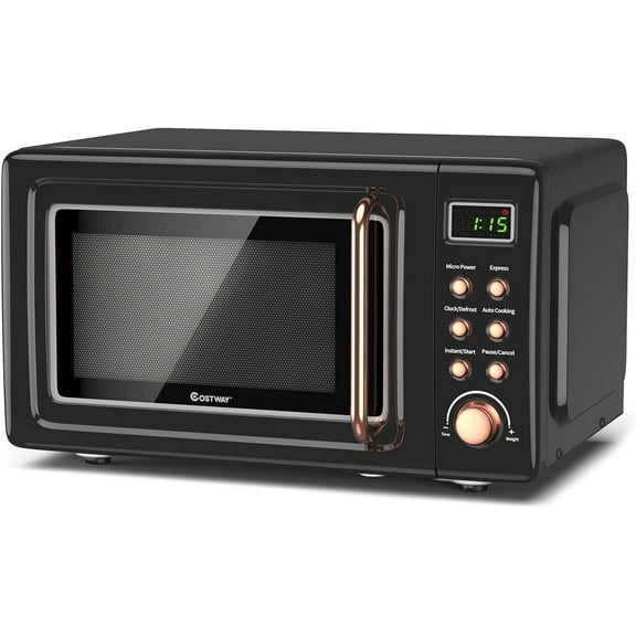 Retro Countertop Microwave Oven, Large 0.7Cu.ft, 700-Watt, Cold Rolled Steel Countertop with Time Setting, Glass Turntable Plate, Pre-Programmed Cooking Settings, LED Display, Child Lock (Rose Gold)