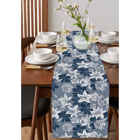 Retro Country Blossom Flowers Table Runner 13x70in Non-Slip Cotton Linen Table Runners, Floral White Blue Dresser Scarves TableRunner for Dinner Kitchen Dining Wedding Party