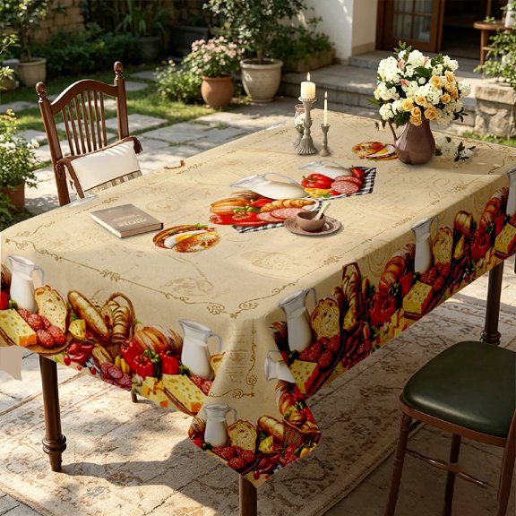 Retro Country Brunch Sausage Cheese Vegetable Print Tablecloth, Kitchen Thanksgiving Party Home Table Display Decor, Thanksgiving Christmas Gift