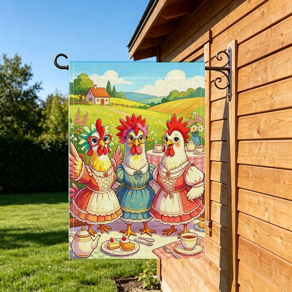 Retro Country Chicken Tea Party Double Sided Garden Flag, 12x18 Inch, Spring Yard Housewarming Holiday Gift, No Flagpole
