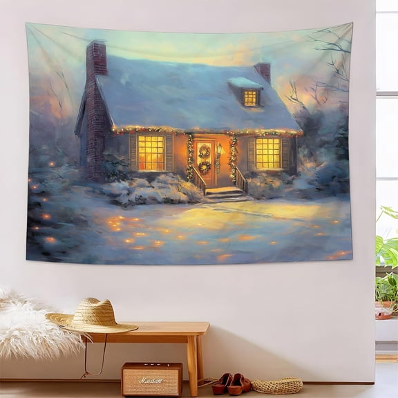 Retro Country Christmas Cottage Tapestry Wall Hanging Blanket 40L x 30W Winter Party Decoration Wall Art for Living Room Bedroom Dorm Home, Grey