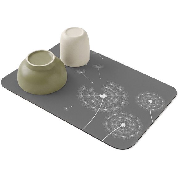 Retro Country Dandelions Dish Drying Mat,Absorbent Diatomaceous Earth Mats Pastoral Botanical on Gray Coffee Mat Dishes Drainer Pad for Kitchen Counter Rack Sink Utensils,12x16in