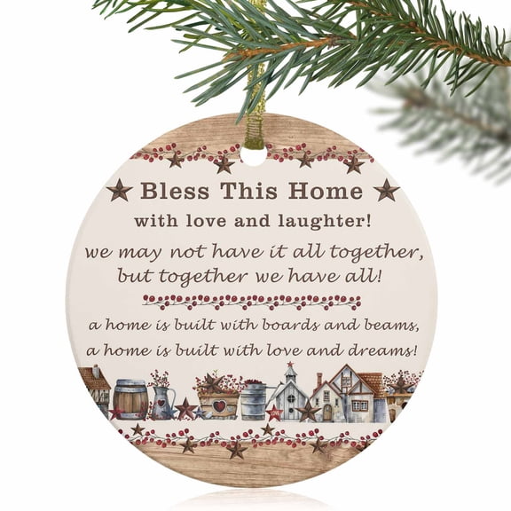 Retro Country Farm Star Wood Grain Christmas Ceramic Ornament 2025,3" Round Xmas Tree Hanging Accessories with Gold Ribbon