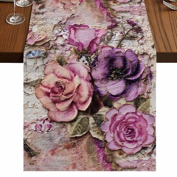 Retro Country Floral Burlap Cotton Table Runner 13x36 Inches Short, Watercolor Flowers Eiffel Tower Bohemia Farmhouse Table Runners, Outdoor Dining Table Decor for Baby Shower/Party/Wedding
