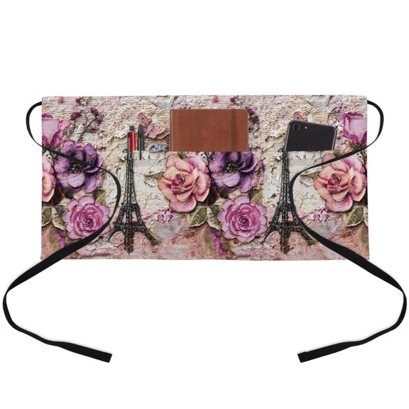 Retro Country Floral Waitress Apron with 3 Pockets, Watercolor Flowers Eiffel Tower Bohemia Server Aprons Waterproof Kitchen Restaurant Half Waist Apron for Men Women