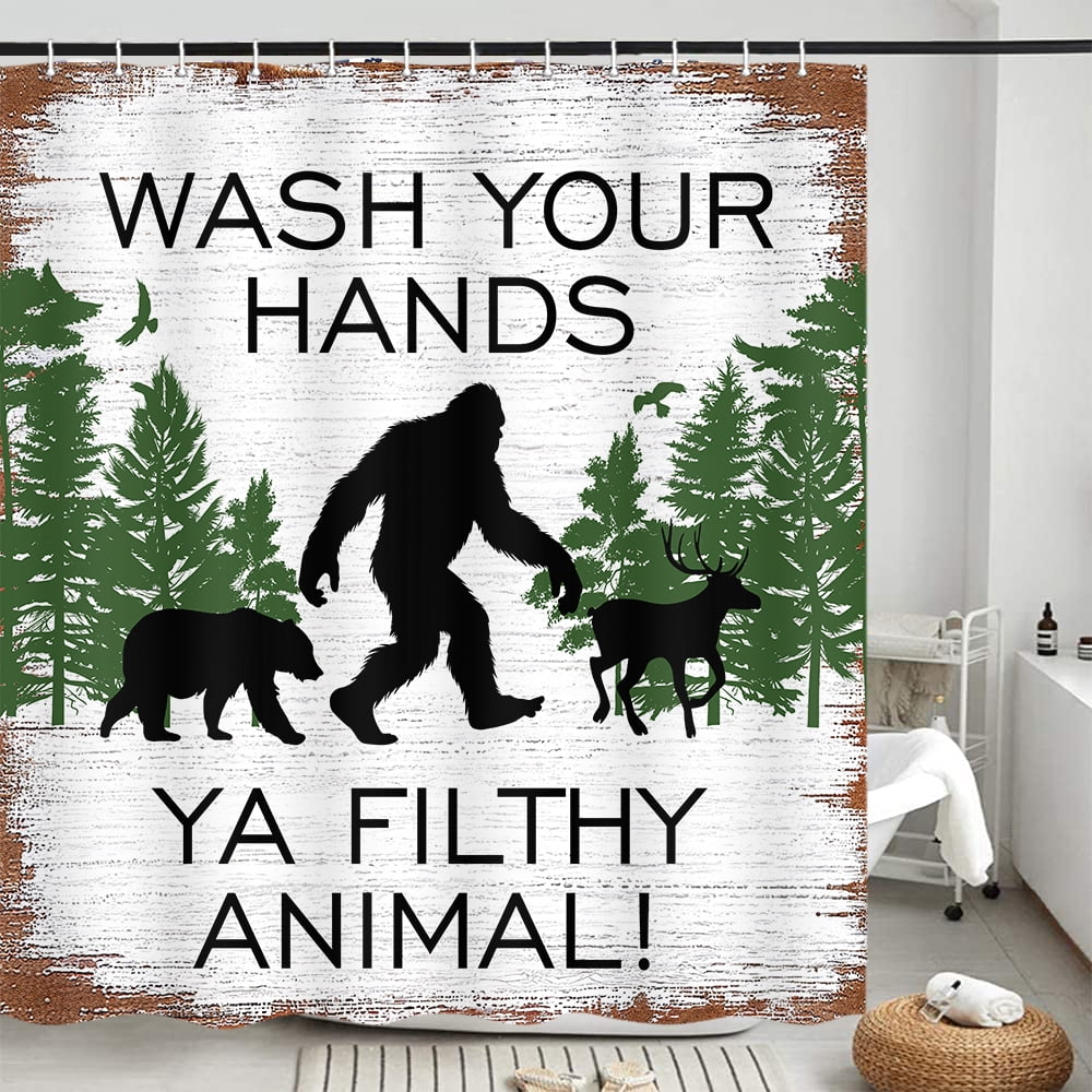 Retro Country Funny Animal Shower Curtain Rustic Vintage Forest Chimpanzee Brown Bear Deer Farmhouse Bathroom Curtain Polyester Fabric Waterproof Shower Curtain Set with 12 Hooks, 60X70IN
