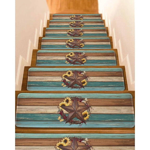 Retro Country Star Non-Slip Stair Treads for Wooden Steps, 10 Pack 8x30 Inches Carpet Stair Mats with Adhesive Backing, Noise-Reducing Step Covers for Indoor Stairs, Easy to Install & Residue-Free