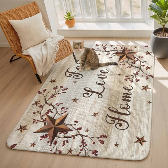 Retro Country Stars Area Rugs for Living Room 5x6, Faith Love Home Berries Farmhouses Brown Washable Area Rug with Non Slip Backing, Stain Resist Carpet for Bedroom, Dining Room, Entryway, Entrance