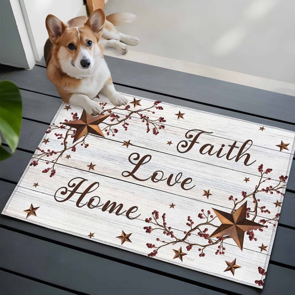Retro Country Stars Front Door Rugs 2x3 ft Faith Love Home Berries White Wood Striped Small Rug for Entryway Non Slip Washable Bathroom Door Mat Absorbent Floor Mat for Indoor Entrance